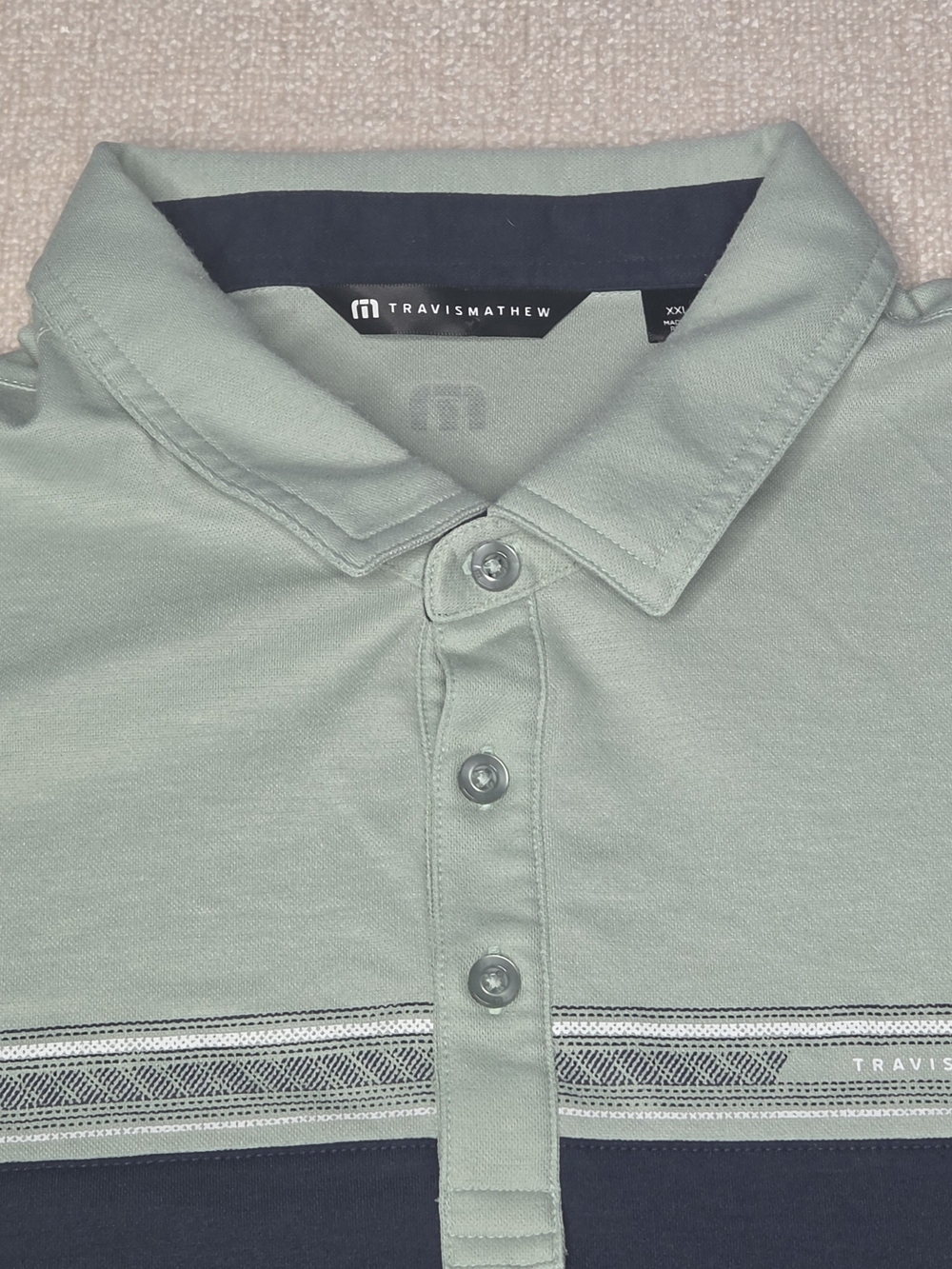 TravisMathew Polo Shirt Mens XXL Green Navy Colorblock Golf Casual Short Sleeve